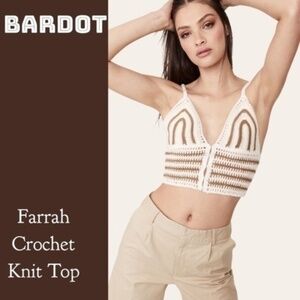 BARDOT Farrah Crochet Knit Deep V-Neck Striped Crop Top NWT